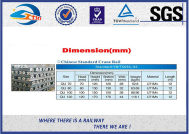 U71 Mn QU70 QU80 QU100 QU120 Crane Rail YBT 5055-93 With Length 12 Meter